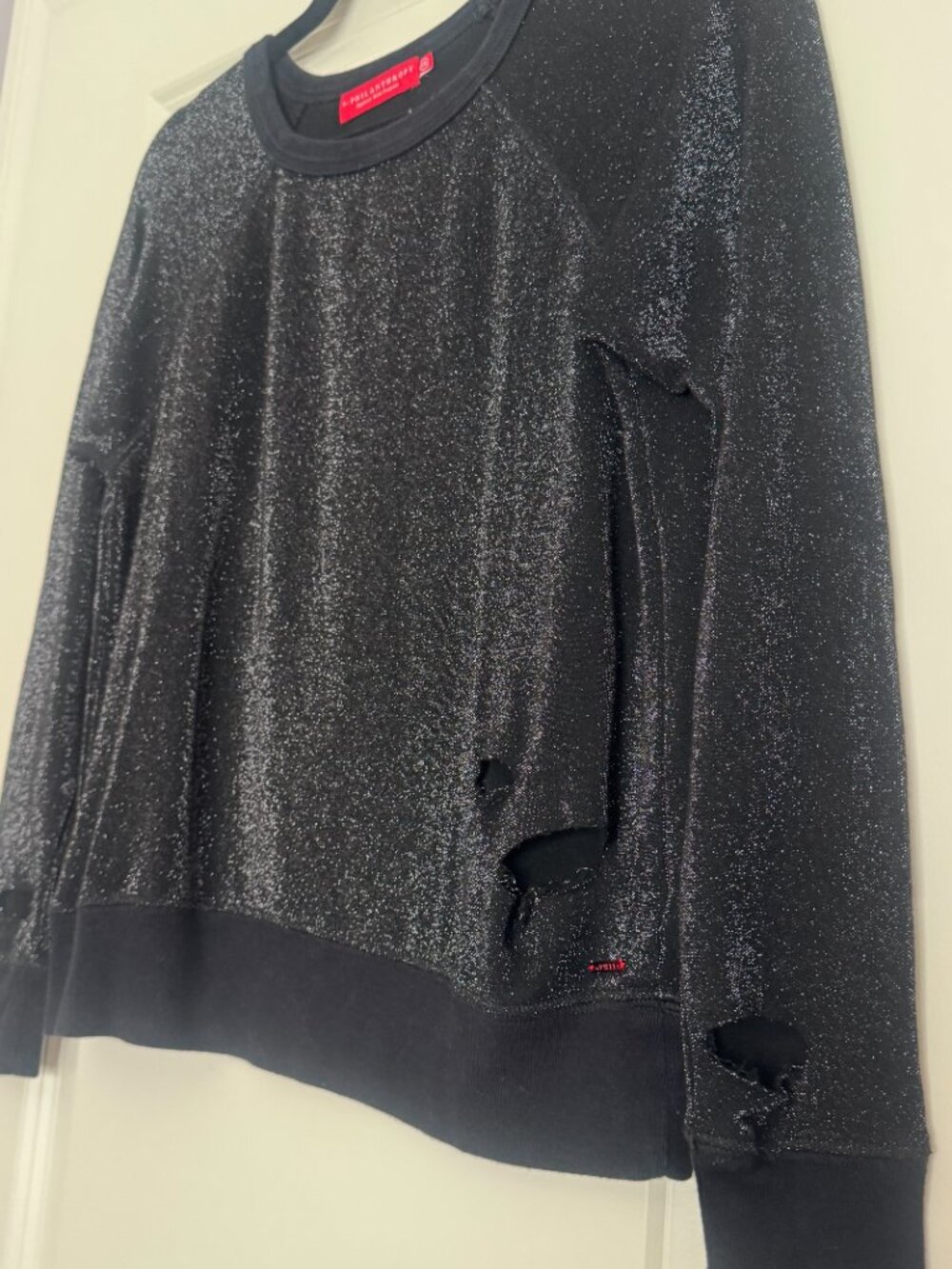 Philanthropy Charcoal Sparkle Distressed Crewneck Sweatshirt XS